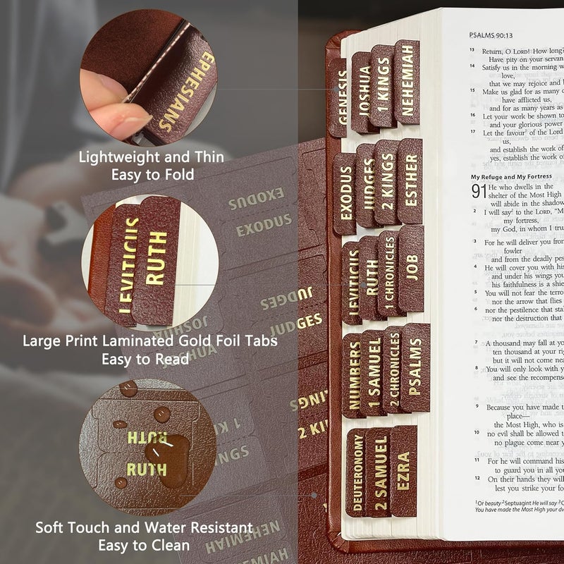 Erilano Bible Tabs for Women and Men - Leather Paper Bible Index Tabs - Large Gold Foil Laminated Tabs - Bible Journaling Supplies - 66 Bible Tabs for Old and New Testament,14 Blank tabs (Brown) - Image 2